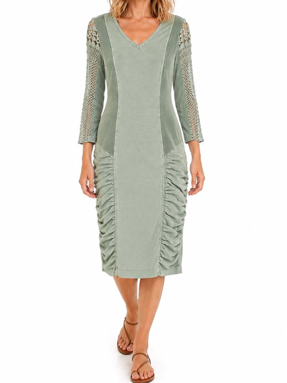 XCVI Midi Shift Dress Sage Green Medium Crochet Sleeve V-Neck Ruched Skirt Boho